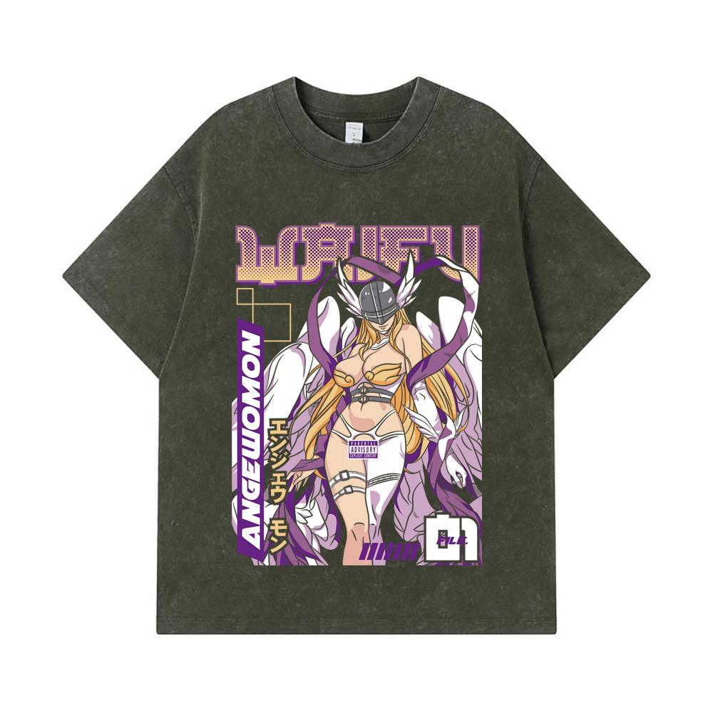 

275 GSM Washed T-shirts 100% Cotton Digimon V9 Angewomon Waifu Print Unisex Heavy Cotton T Shirt S армия зеленый