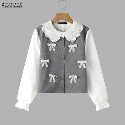 Blusa Casual Feminina com Gola Boneca, Manga Comprida Larga e Patchwork