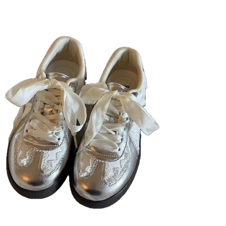 Leather thin-soled shoes streamer 2025 spring new sports shoes women's shoes non-slip casual board shoes silver retro German training shoes