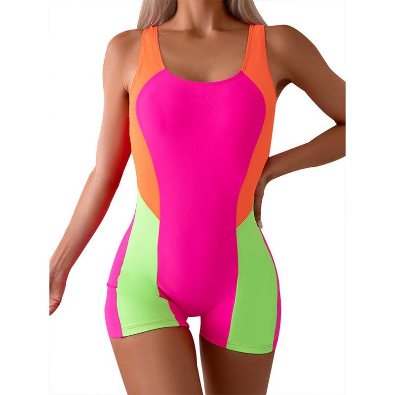 

Women s Neon Color Block One-Piece Swimsuit Boyleg Athletic Bathing Suit S