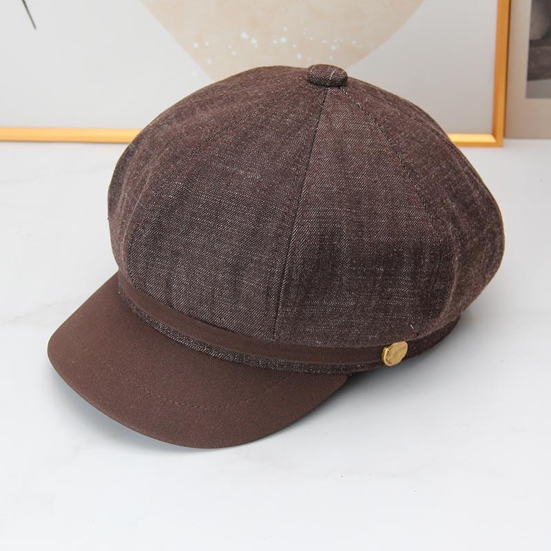 Retro denim splicing octagonal newsboy hat female autumn and winter British beret showing face small casual painter cap tide