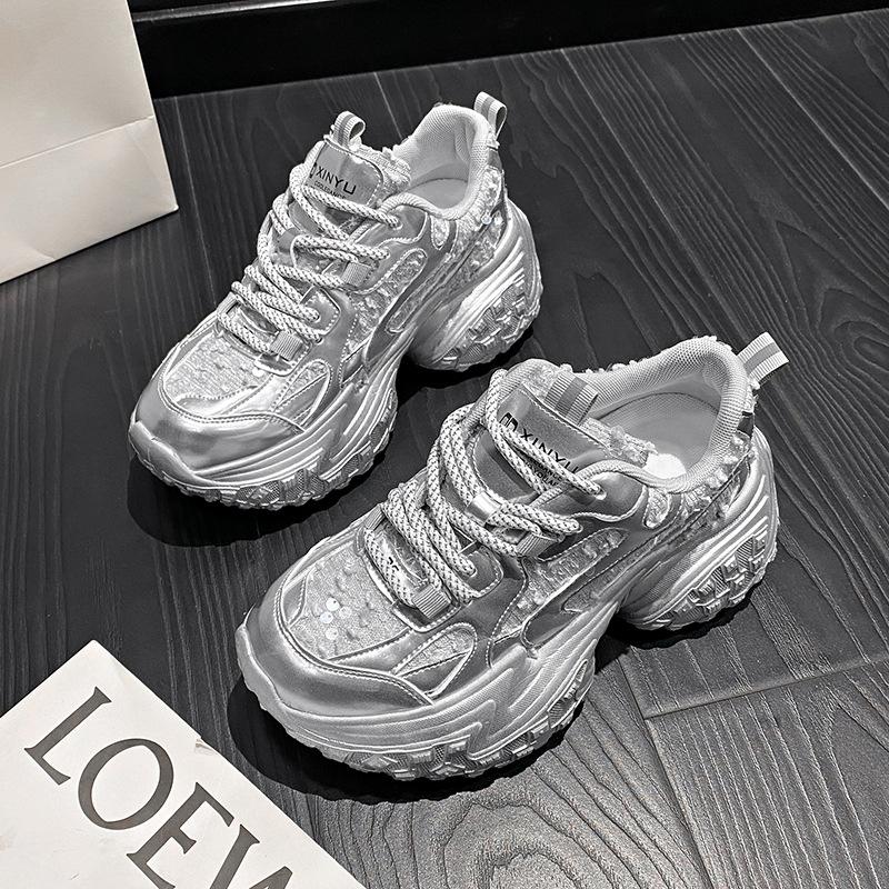 

Парные папины кроссовки Женские кроссовки на платформе с толстой подошвой на шнуровке для поездок на работу Удобная обувь 43 серебряный