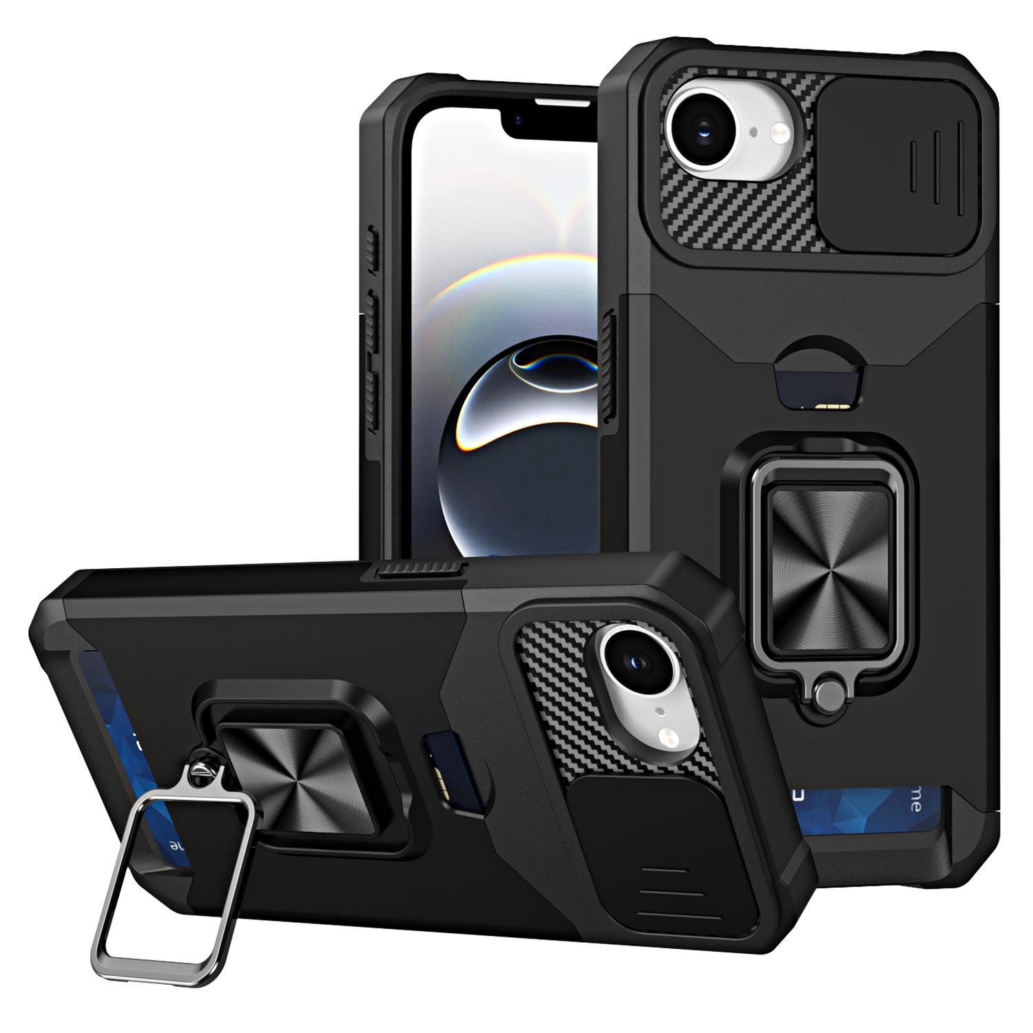 

For iPhone 16e Case Kickstand Slide Lens Lid PC+TPU Phone Cover with Card Slot Black
