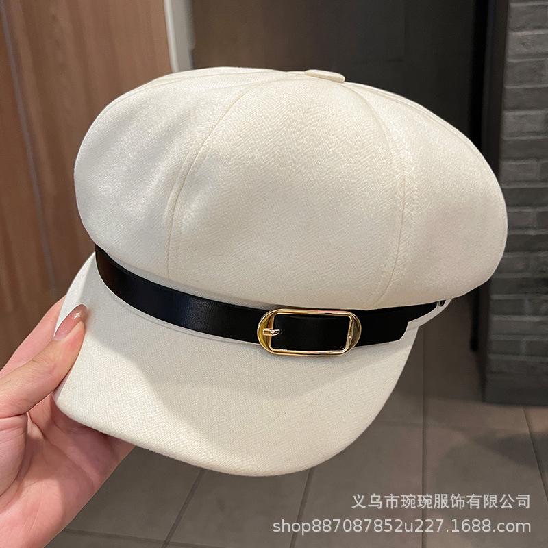 Autumn and winter new simple belt buckle octagonal hat children's outdoor woolen warm newsboy hat British painter hat
