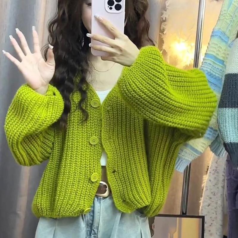 

Spring Autumn Knitted Cardigan Top for Women Korean Style Lantern Sleeve Gentle Style Long-sleeve Short Outerwear S зелений