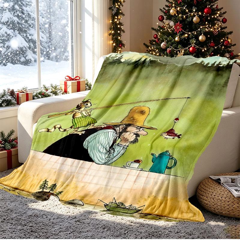 Pettersson und Findus Pattern Blanket for Home Decoration, Bed, Sofa, Car Travel, Camping, Suitable for All Seasons, Birthday Christmas Gift