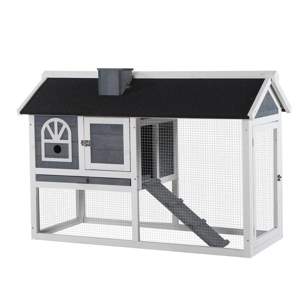 Wooden Rabbit Hutch and Run with Sliding Tray, Ramp, Water-resistant Roof, for 2-4 Rabbits, Grey