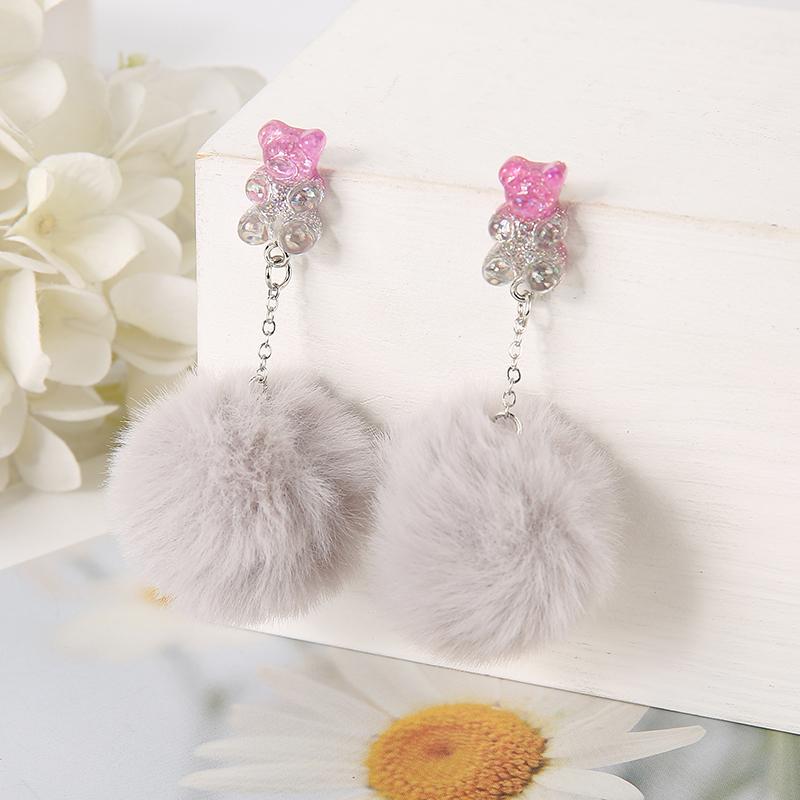 1Pair Cute Pompom Stud Earring Multicolours Resin Candy Bear Charms  With Puffer Ball Fashion Woman Jewelry Birthday Gift