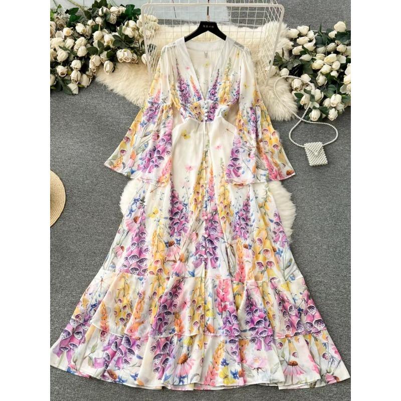 Spring and Autumn French Court Style Temperament French Mesh Dress Women's Swing A-line Printed Long Dress