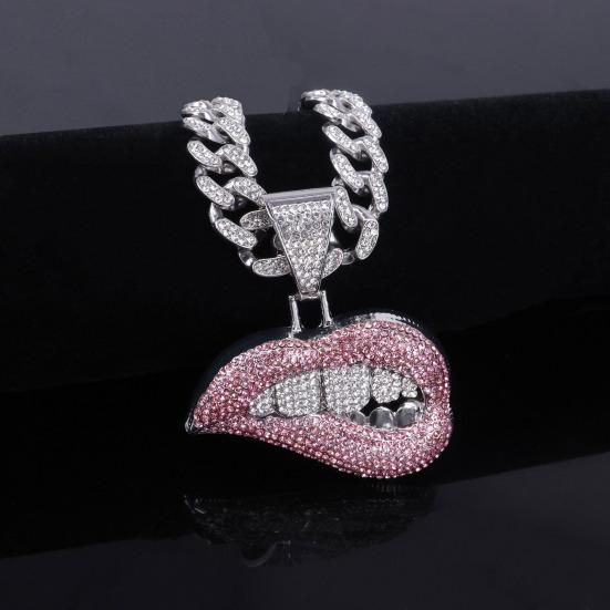 Hip Hop Cuban Link Chain Necklace, Crooked Lip Pendant with Rhinestone, Silver Plated Iced Out Choker Jewelry for Men and Women, Trendy Streetwear