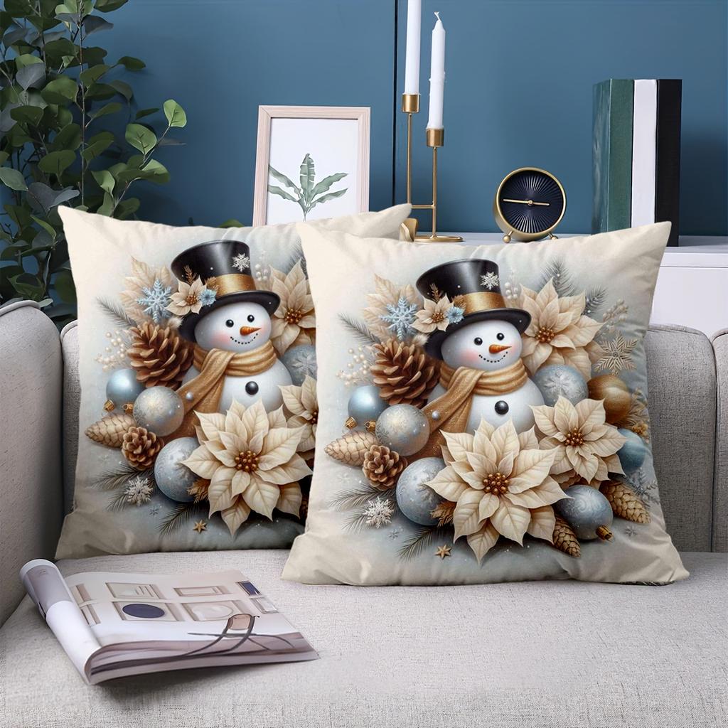 1 Pieces Christmas Snowman Decorative Pillow with Poinsettias Polyester Pillowcase, Sofa Decorative Cushion Cov