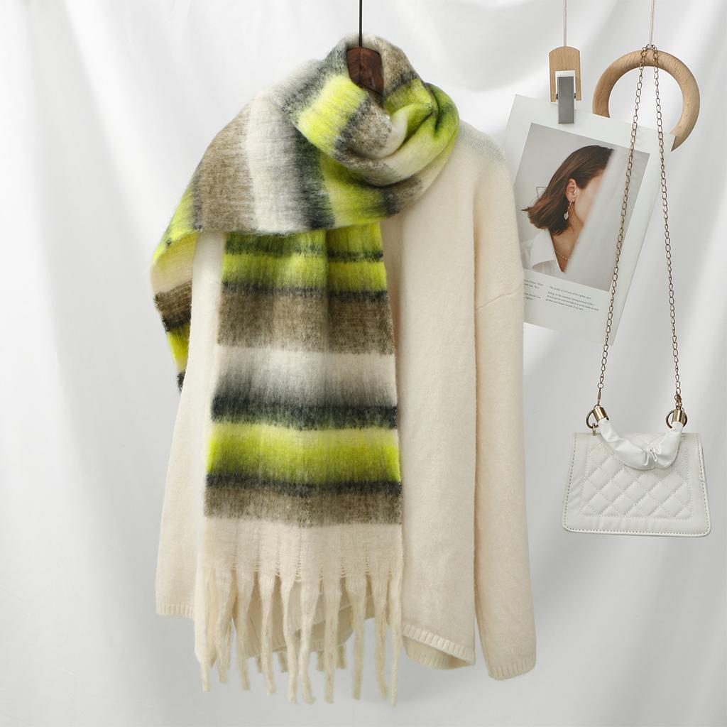 Korean Fringe Plaid Cashmere Scarf Shawl Women Warm Thick Mohair Scarf Pashmina Fashionable Soft Tassel Scarf Neck Protection