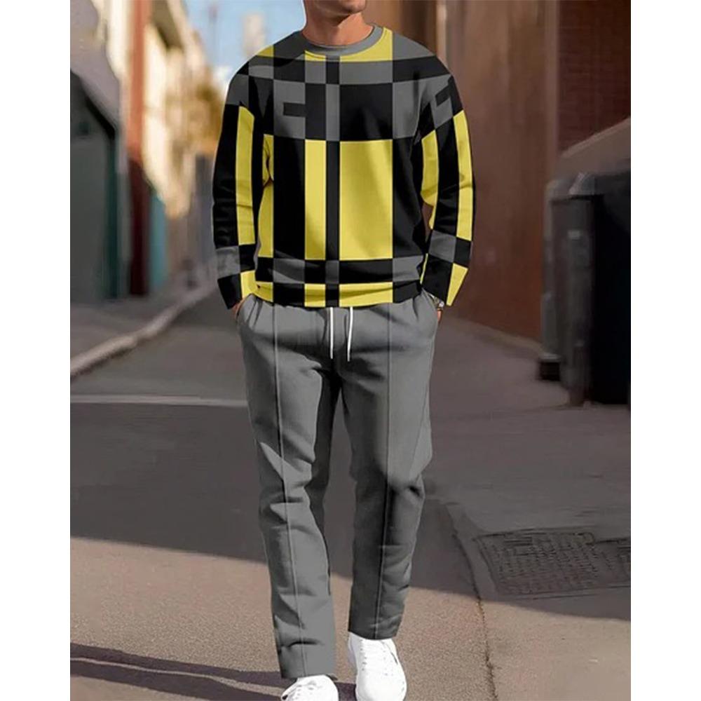 New Round Neck Men's Long Sleeve Pants Set 3d Fabric Suitable for Casual Travel Multi-Scenarios Sport Two-Piece Set