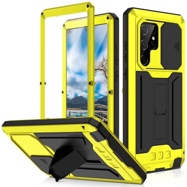 Custodia per Telefono R-JUST con Supporto in Metallo + Silicone e Copri Fotocamera Scorrevole per Samsung Galaxy S22 Ultra 5G