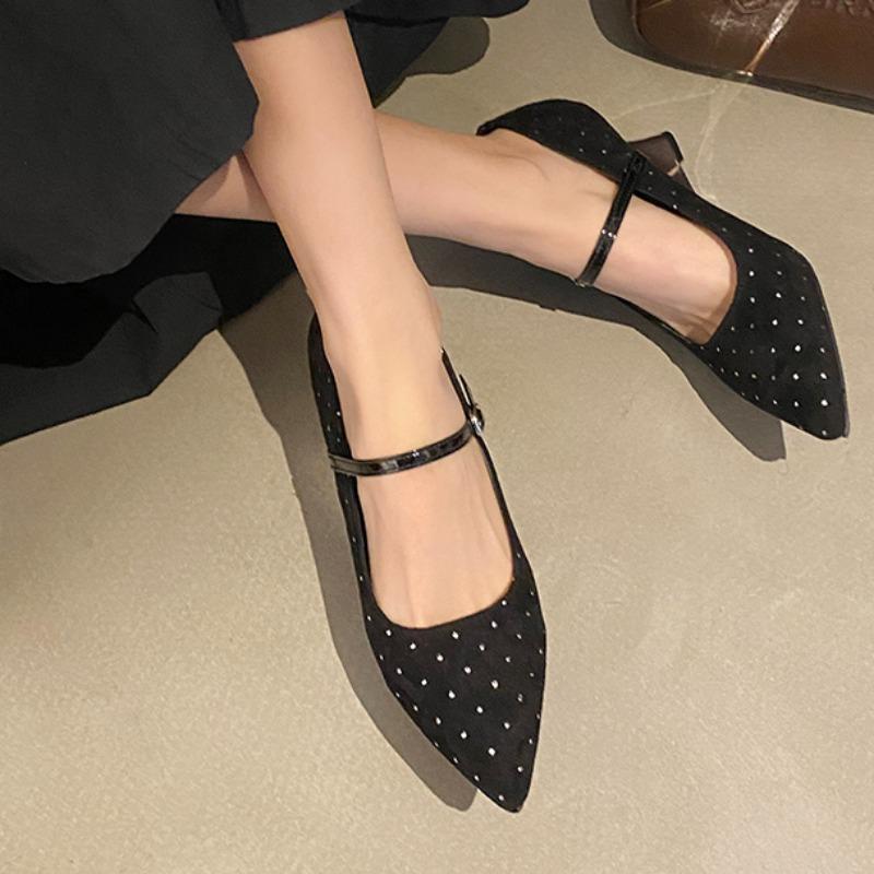 

Женские туфли на танкетке Весна Новые Заостренный носок Замша Стразы с Противоскользящие Износостойкие Высокие каблуки 40 чёрный