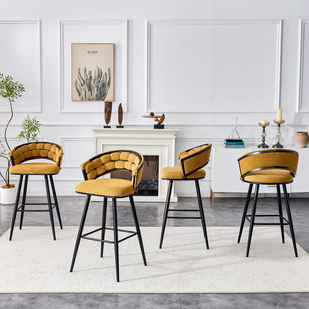 Set aus 2 gelben Samt-Vorhangstühlen mit schwarzen Eisenbeinen, moderne Barhocker für den Heimbereich der Hausbar