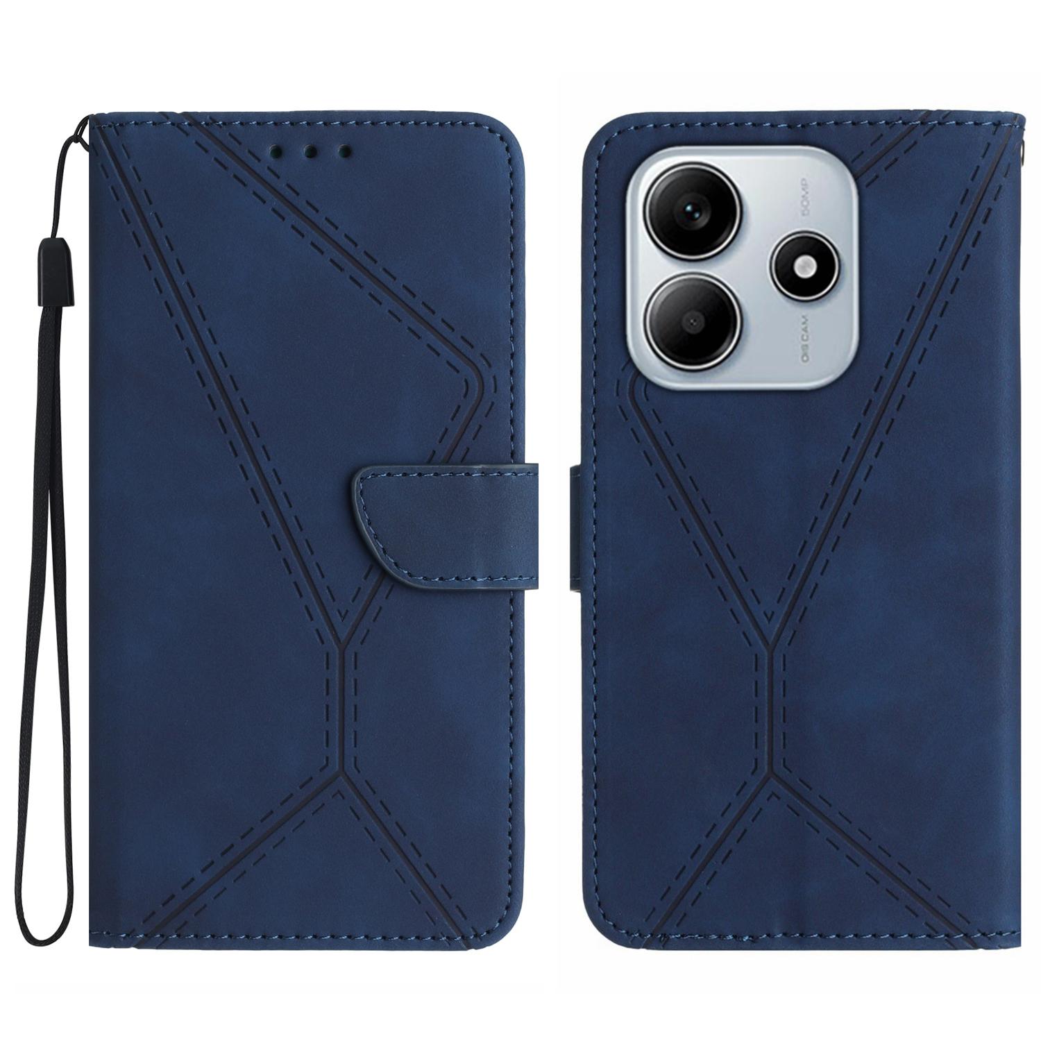 

HT05 For Xiaomi Redmi Note 14 5G Case Leather Imprinted Lines Phone Cover with Card Holder Blue