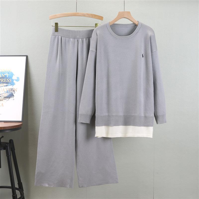 Autumn Women's Plus Size Fashion Casual Set Round Neck Loose Sweatshirt Wide Leg Pants Suit