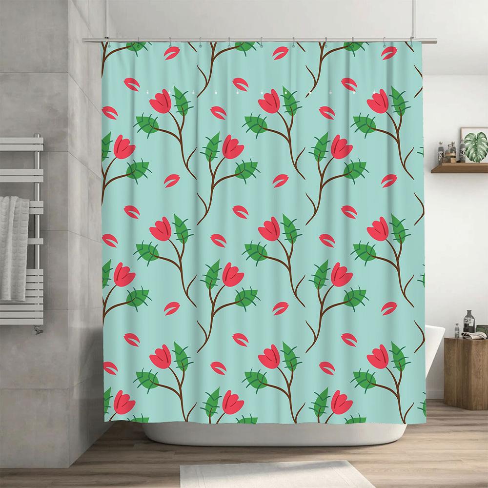 Bright Floral Shower Curtain for Bathroom Decor Green Leaves Red Flowers Pattern, Quick Dry Fabric Waterproof Shower Curtains Se
