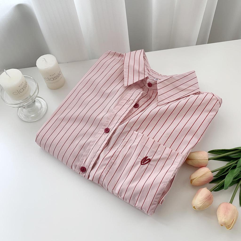 Damen Rosa Nadelstreifen Besticktes Polokragen Langarmhemd - Koreanisches Frühlingsdesign