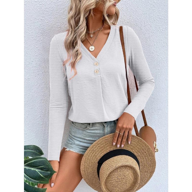 BITCED Women's Fashion Casual Solid Color Print Long Sleeve V Neck Blouses & Shirts