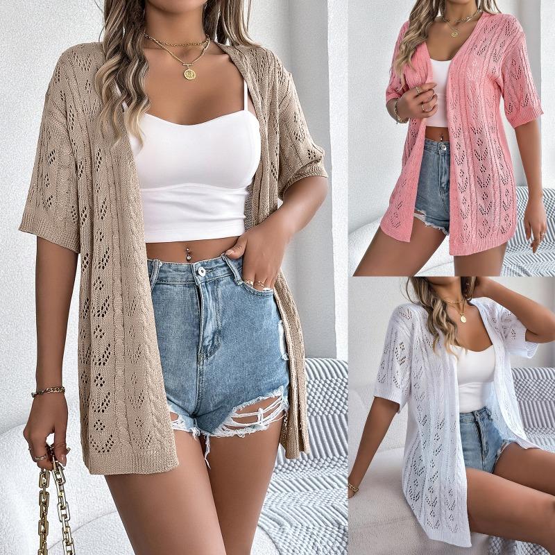 Spring Summer Hollow Out Short Sleeved Knitted Cardigan Sweater Vacation Casual Simple Women Sunscreen Long Shirt Solid Color Women's Clothing