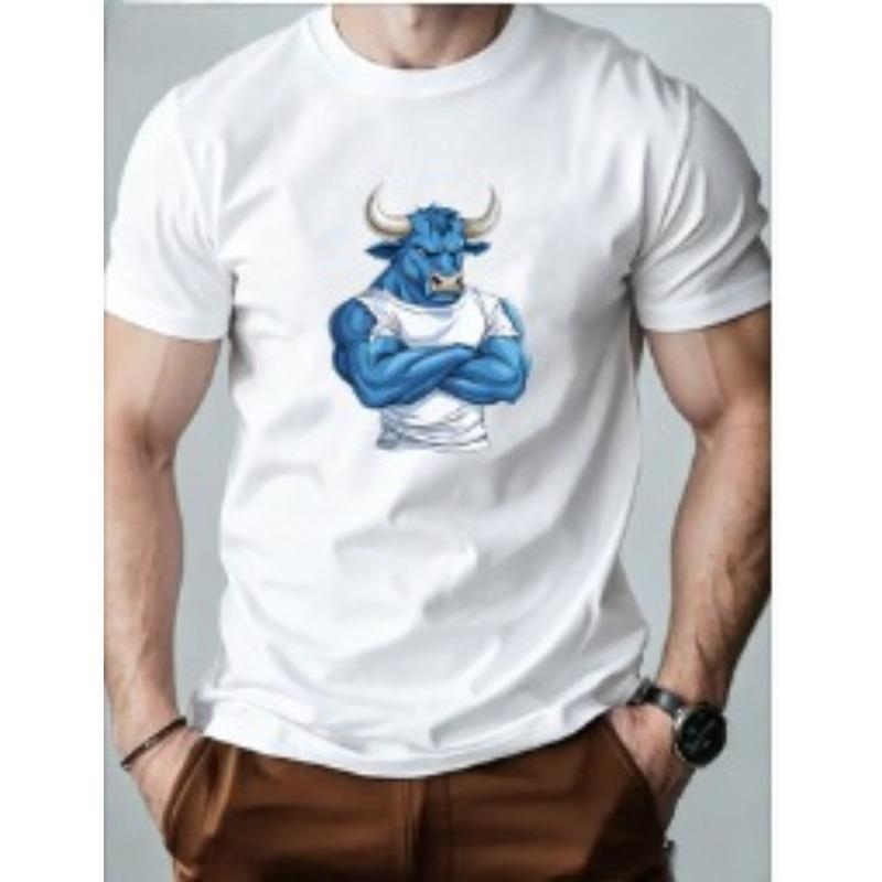 Men s Strong Blue Bull Pattern Summer Casual Round Neck Short T-Shirt S