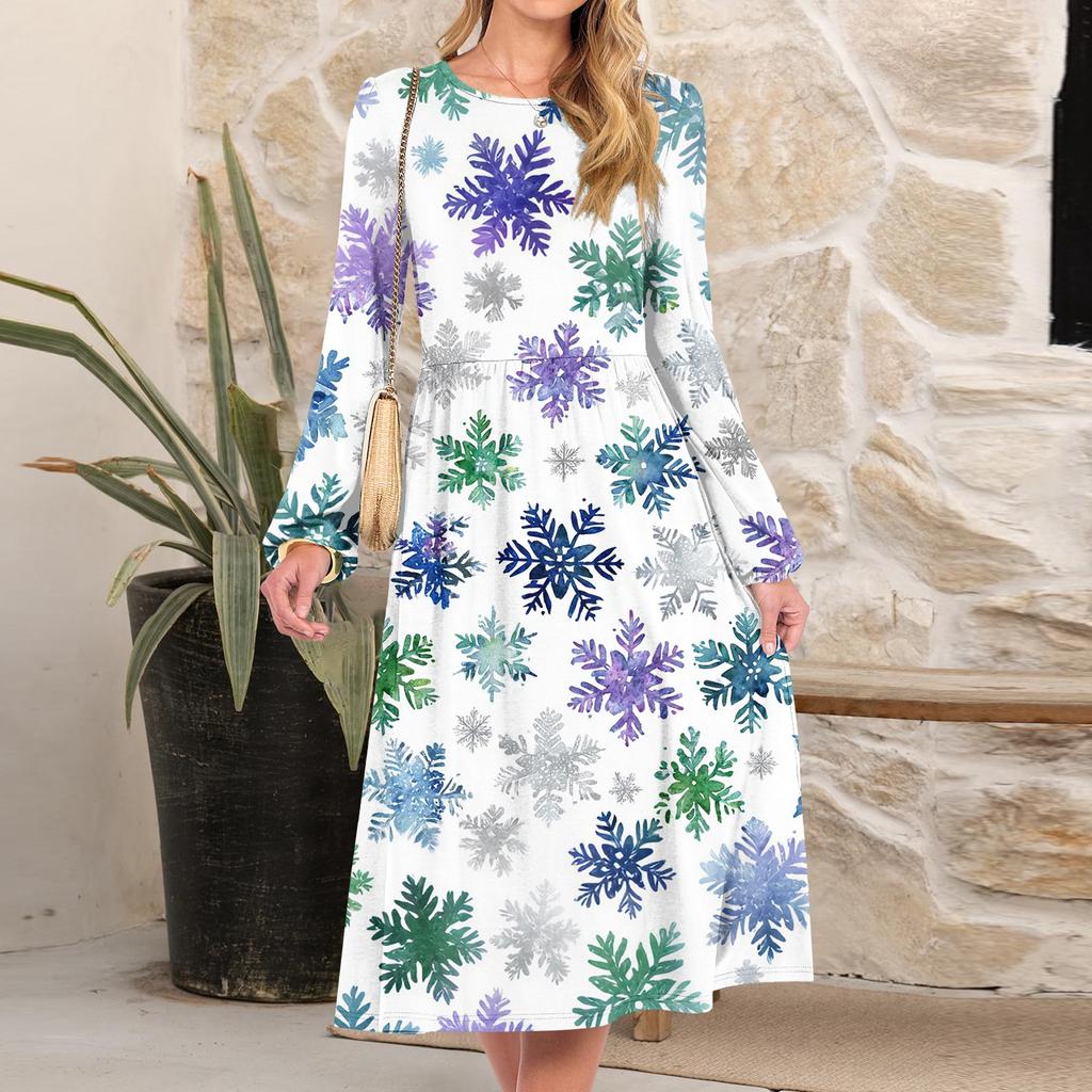 Women's Christmas Printed Fashionable Loose Round-neck Dress
