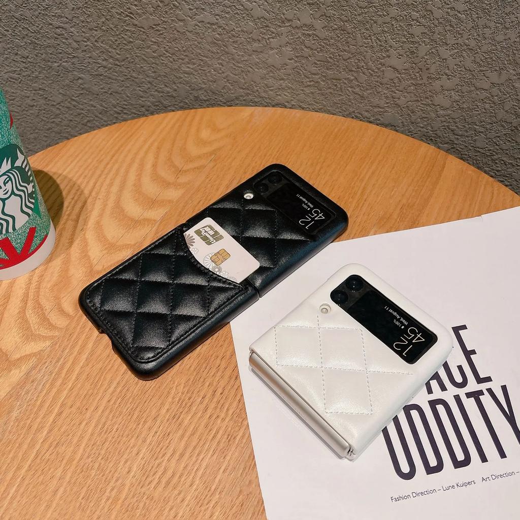 Luxury Leather Cover For Samsung Galaxy Z Flip 3 4 5 Flip5 Flip4 Flip3 5G Rhombus Lattice Card Slot Holder Bag Wallet Phone Case