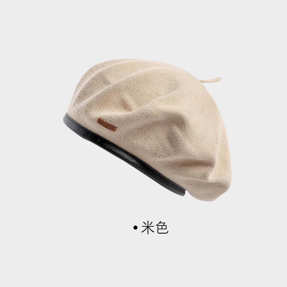 

High Quality Fashion Spring and Summer PU Brim Adjustable Knitted Solid Color Cotton Beret Painter Hat for Women L