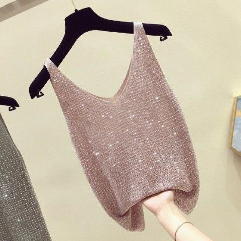 Women Ice Silk Diamond Shirt Female Wild V Neck Sleeveless Loose Short Shirt Tank Top Summer Camis and Vests