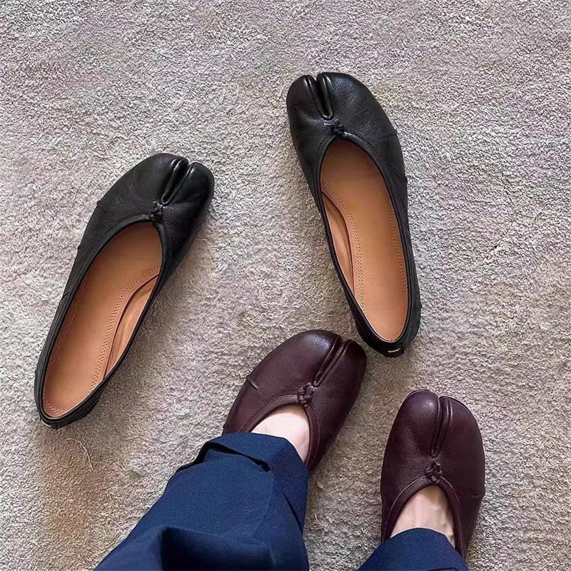 Soleist Split Toe Women Ballet Flats Shoes Soft Leather Comfortable Walking Shoes Retro Slip-on Loafers Ladies Casual Luxury Shoes