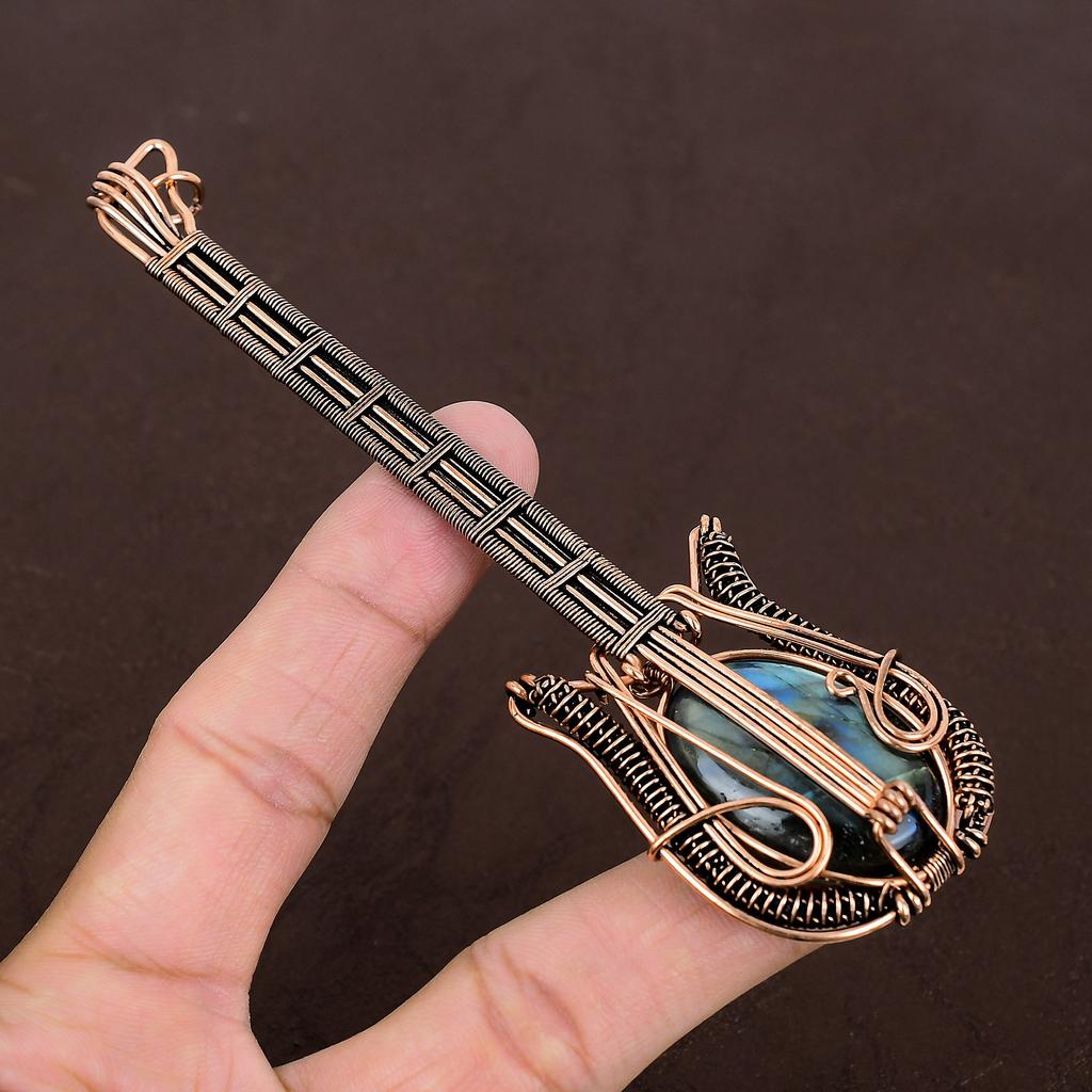 Labradorite Handmade Copper Wire Wrap Guitar Pendant 4.53" V3U44