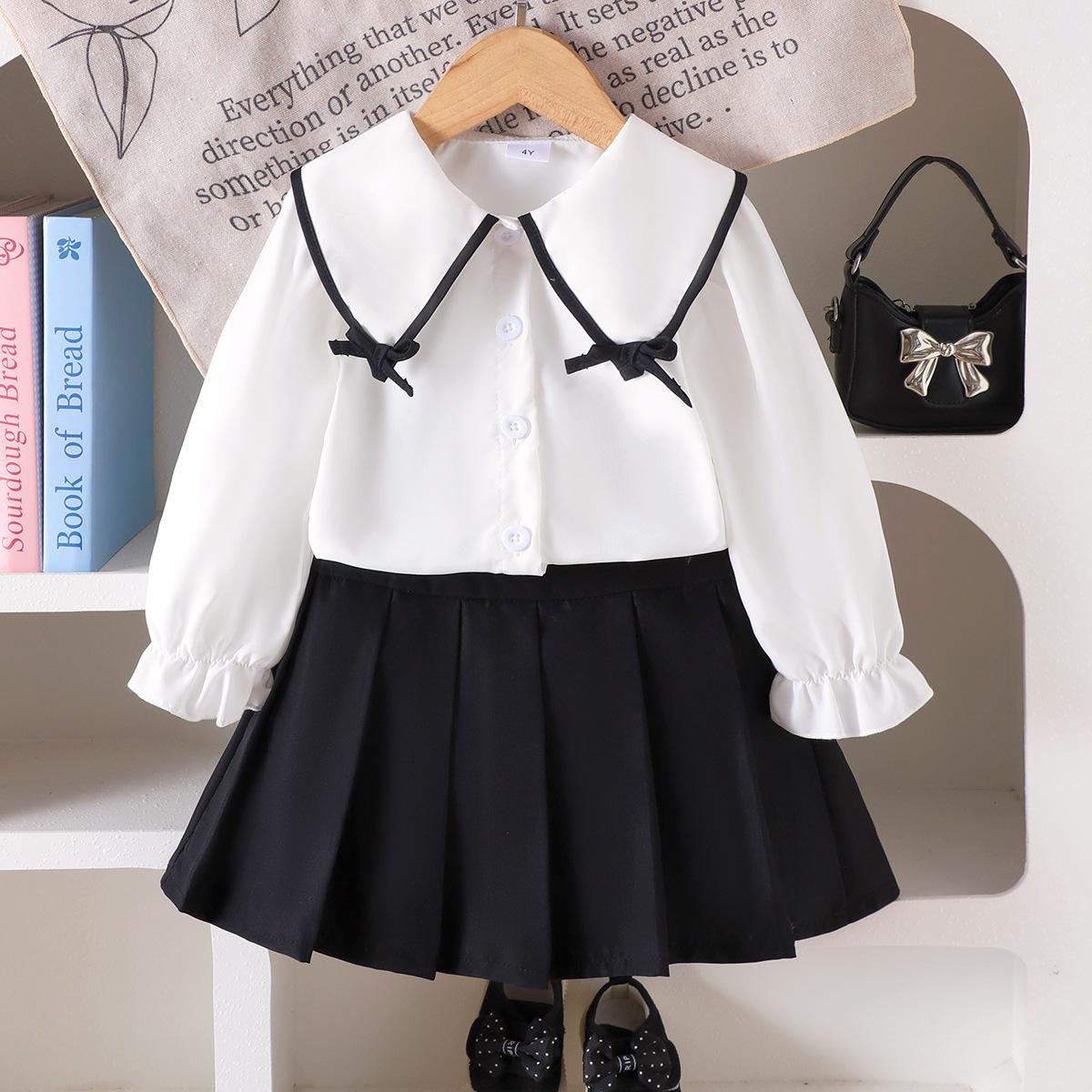 

European & American Toddler Outfit: White Long-Sleeve Shirt + Black Skirt 5 Years