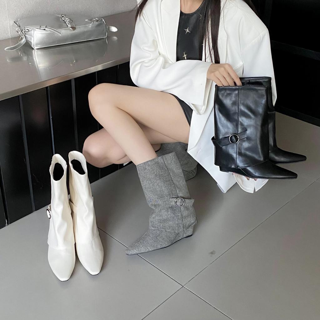 2025 Autumn New Models, French Square Head Slope Heel, European and American Fashion Inner Heel Short Boots, Belt Buckle Medium Boots