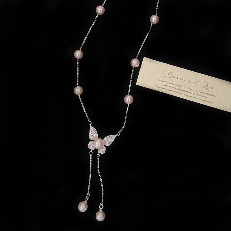 Bead Butterfly Tassel Necklace Light Luxury High Sense Stacking Wear Long Thin Collarbone Chain Necklace