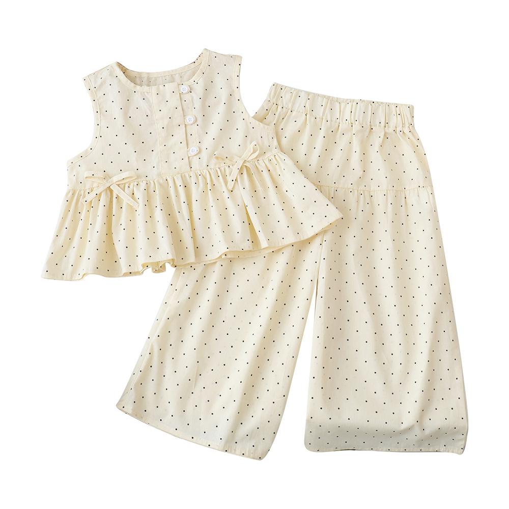 Baby Girl Summer Polka Dot Sleeveless Suit New Little Girl Casual Thin Top Wide Leg Pants Korean Style Two-piece Set
