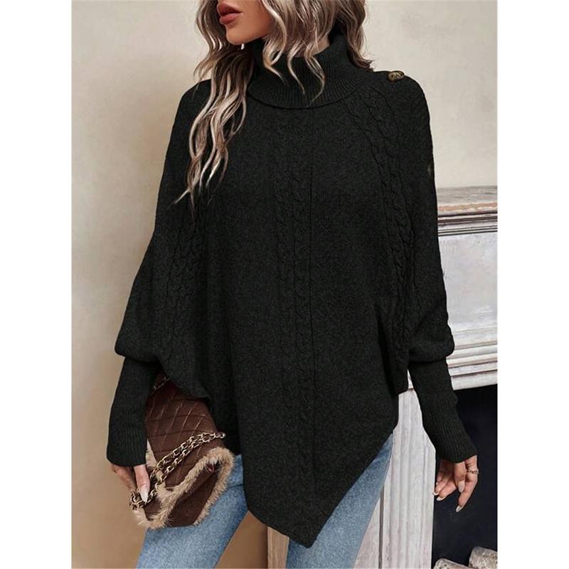 Women s Winter High Collar Asymmetric Hem Cape Button Decoration Bat Sleeve Fried Dough Twists Weave Texture Sweater L