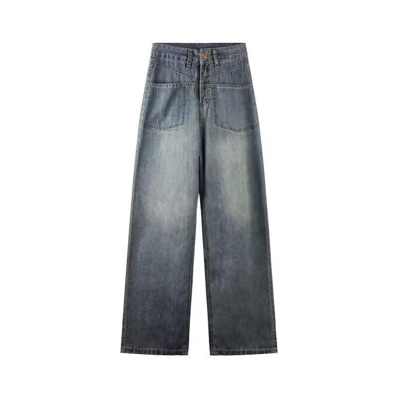 

Женские джинсы 2025 года в стиле ретро, широкие от бедра, длиной в пол - летние, стройнящие, маленького размера XL синий