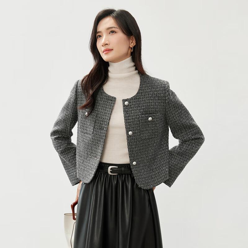 Shandubila Women's Winter Elegant Tweed Cropped Jacket