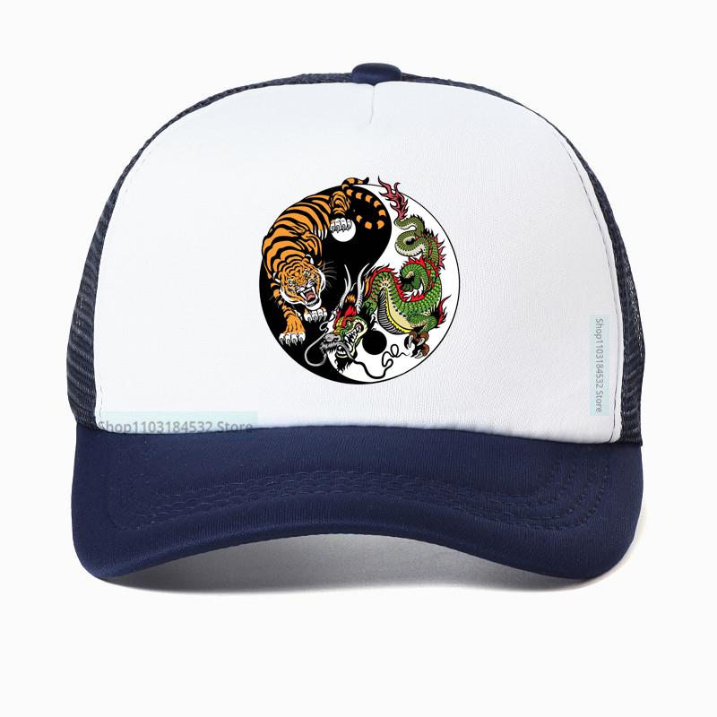 Chinese Dragon And Tiger Tattoo Print Mesh Baseball Cap Summer Adjustable Breathable Trucker Hat Fashion Casual Sun Hats