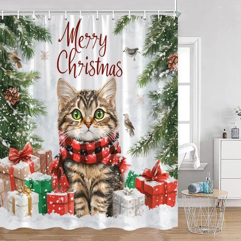 Pink Christmas Snowman Shower Curtains Winter Forest Watercolour Art Xmas New Year Home Bathroom Curtain Decoration With Hooks