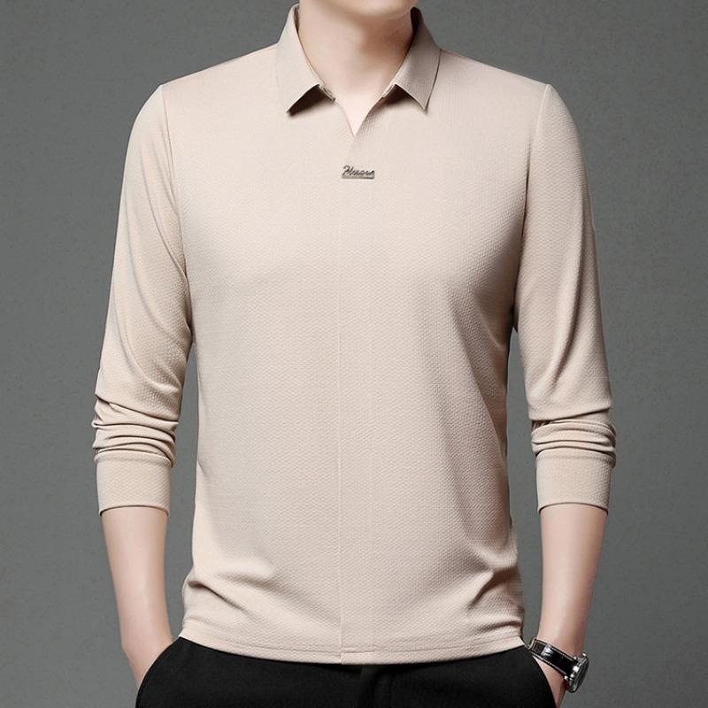 Men Loose Fit Long Sleeve Turn Down Collar Casual Solid Polo Shirt