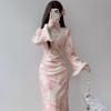 Elegant Velvet Cheongsam-Style Winter Dress for Women - Waist-Cinched, Printed, Hollow, Long Sleeve Slim Fit