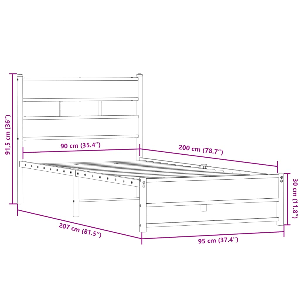 Metal Bed Frame without Mattress Smoked Oak Finish 90 x 200 cm