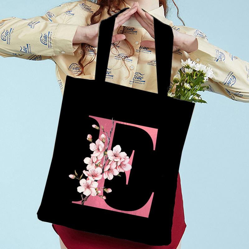 Pink Sakura Handbags Women Eco Reusable Tote Bag Cherry Blossom College Canvas Bag Vintage Sakura Alphabet Ladies Shoulder Bag