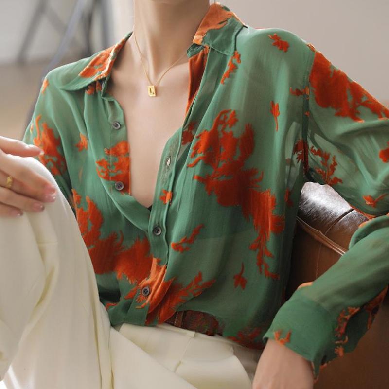 Grünes transparentes Hemd Damen Design Sinn Nische Jacquard Chiffonhemd Eis Seide Sonnenschutz Oberteil Kühler Sommer Dünne Version