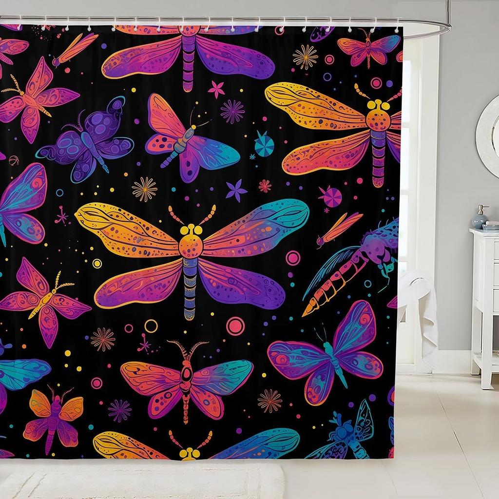 Psychedelic Butterfly Vintage Mushroom Shower Curtain Dragonfly Boho Bathroom Decoration Polyester Fabric Bath Curtain with Hook