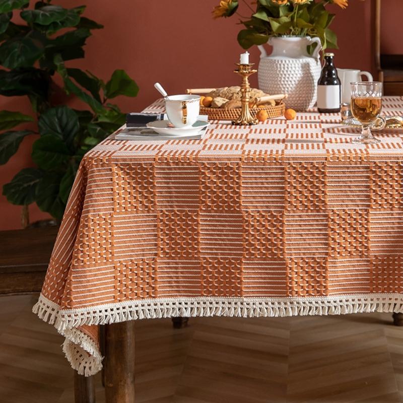 Fringed Table Cover Stains Resistant Polyester Linen Texture Tablecloth Decors For Kitchen Dining Room Decorations