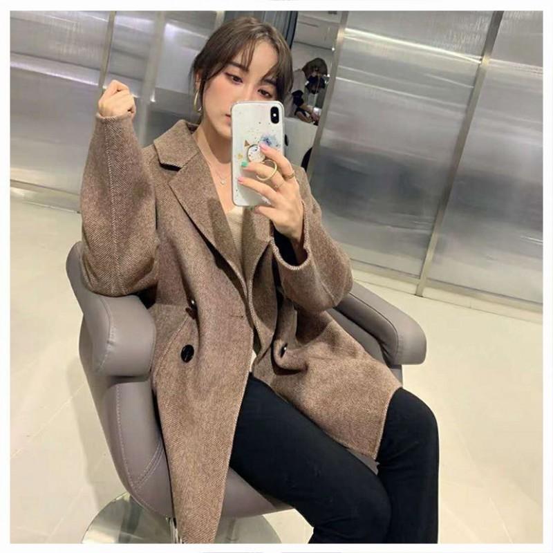 Damen Fischgräten-Wollmischung Mantel Winter Lockerer Oversized Blazer Jacke mit Revers